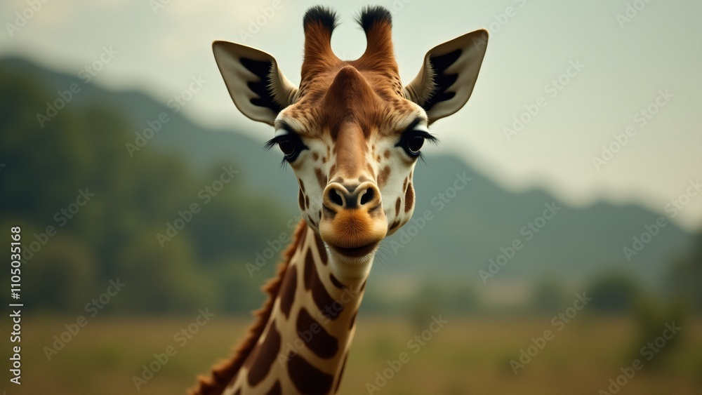 Naklejka premium Capture a close-up of a giraffe’s face, emphasizing its expressive eyes, long neck, and unique spots. Natural light highlights its graceful, majestic presence against a soft, blurred background.