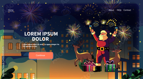 Santa Claus celebrating New Year fireworks cityscape night scene reindeer gifts rooftop festive website design