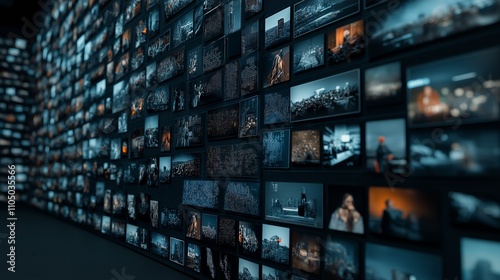 A wall filled with various framed photographs showcasing diverse subjects and scenes.