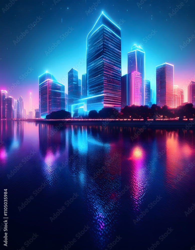 Fototapeta premium Nighttime Cityscape with Neon Building Illuminations and Water Reflection
