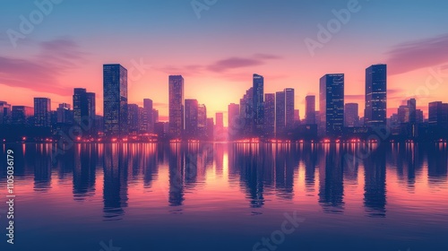 Minimalist Cityscape at Dusk with Illuminated Skyline Reflected on Calm Water, Highlighting Urban Serenity