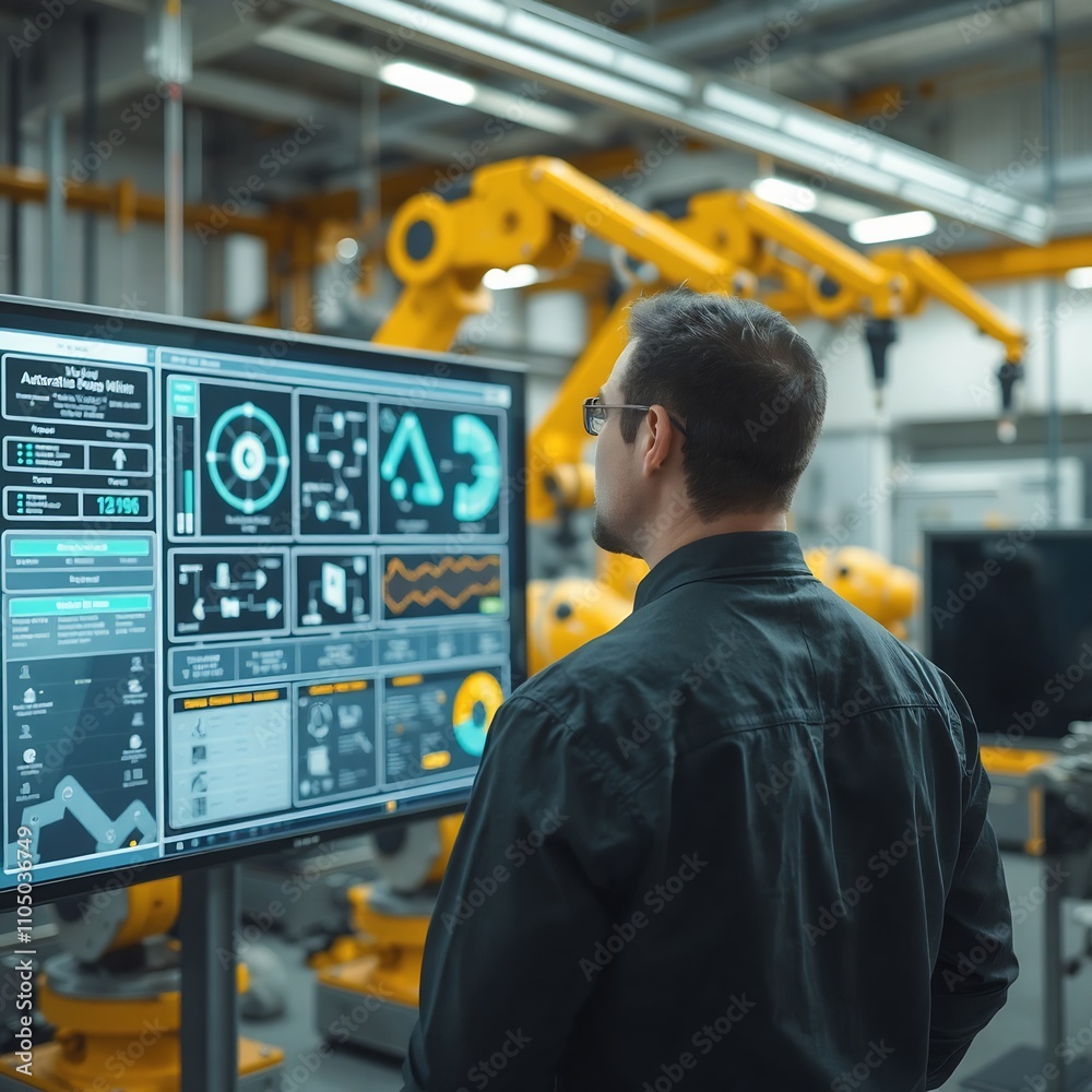Industrial Automation Control Room with Robotic Arms and Digital Monitoring Screens Industrial Automation Control Room with Robotic Arms and Digital Monitoring Screens