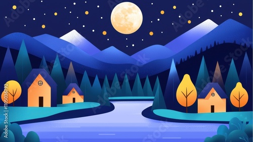 Whimsical Nighttime Landscape with Cozy Houses, Pine Forest, and Full Moon Over Mountains