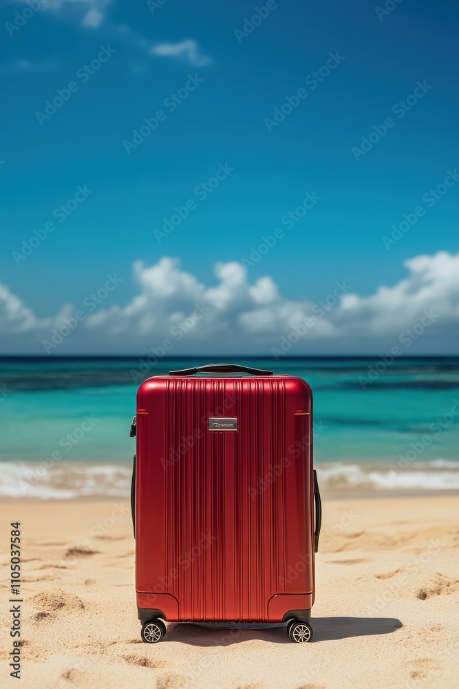 Close-up red carry-on suitcase on sunny beach with ocean contrast Close-up red carry-on suitcase on sunny beach with ocean contrast