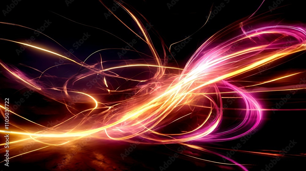 Obraz premium Abstract glowing pink and gold light in high-speed movement on dark background