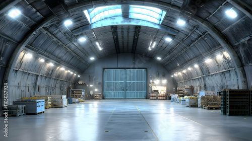 Vast Industrial Hangar, Interior with Metal Walls, High Ceiling, and Large Metal Door