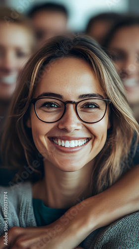 Smiling Woman with Glasses, Embraced by Friends, Joyful Gathering, Happy Moment, Portrait Photography