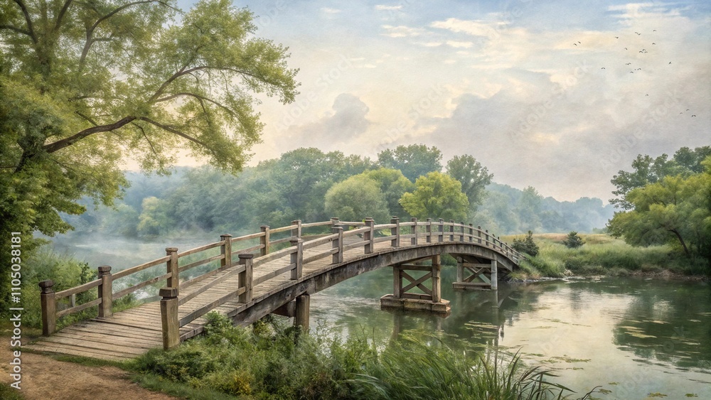 Watercolor impressionist painting of an old wooden bridge crossing over a peaceful river, serene, outdoors Watercolor impressionist painting of an old wooden bridge crossing over a peaceful river, serene, outdoors