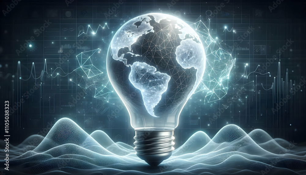 Bulb  idea A light bulb with low-poly continents inside, glowing in soft white light, surrounded by thin energy1.jpg