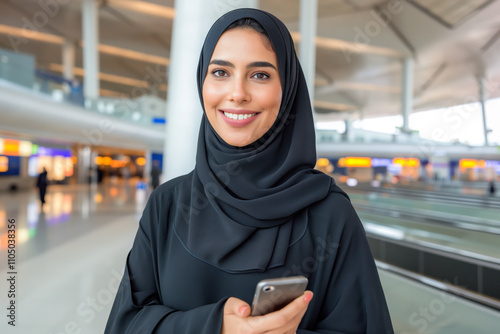 Young Arab woman in hijab smiling at the airport while holding a smartphone, ready for her travel adventure in a modern terminal during daytime photo
