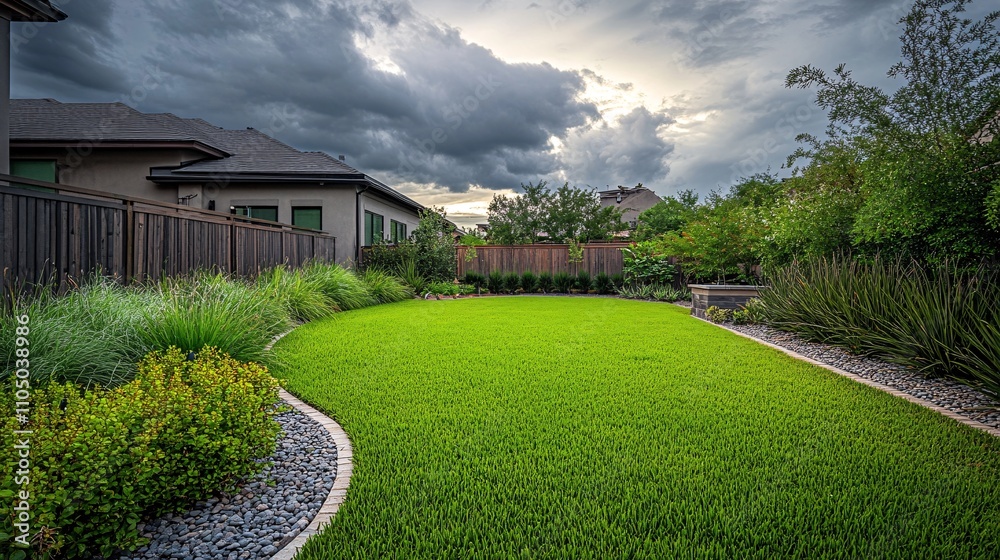 Obraz premium 63.A modern homeâ€™s backyard with a wide, grassy lawn and a variety of plants and shrubs adding texture and color, enclosed by a rustic wooden fence, all set against a cloudy sky that creates a