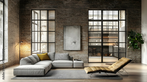 Modern Industrial Loft Apartment, Stylish Living Room with Exposed Brick Walls and Large Windows