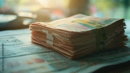 Local Currency Notes Beside Newspaper in Soft Morning Light
