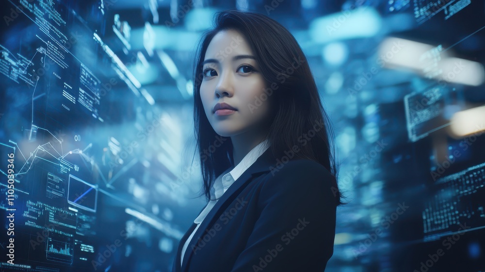 Confident Asian businesswoman with floating codes and tech icons symbolizing expertise Confident Asian businesswoman with floating codes and tech icons symbolizing expertise
