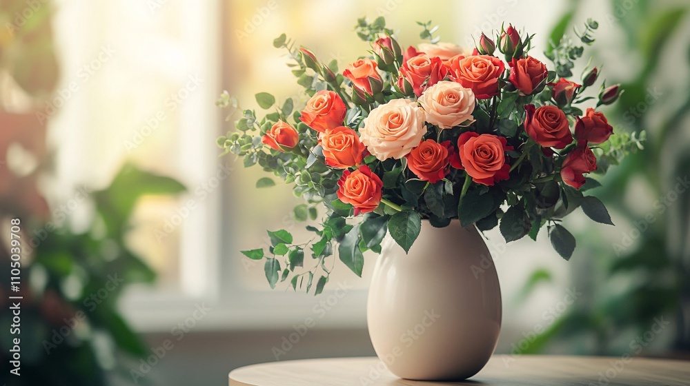 Vibrant rose vase surrounded by greenery, with a light background allowing for clear space to add personalized text. Vibrant rose vase surrounded by greenery, with a light background allowing for clear space to add personalized text.