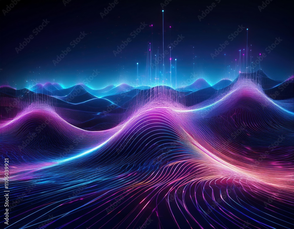 Futuristic digital landscape with glowing blue and purple nodes forming wave-like patterns Futuristic digital landscape with glowing blue and purple nodes forming wave-like patterns