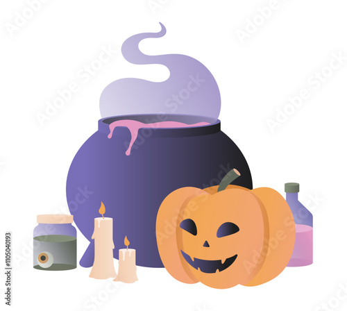 Halloween pumpkin, cauldron with potion and candles