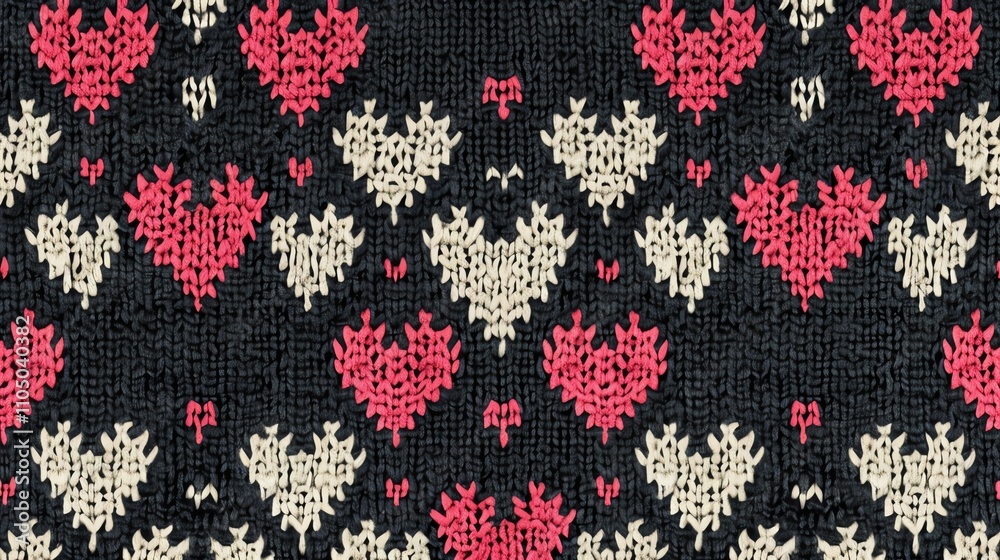 A seamless pattern of knitted hearts in pink, white and black colors. A seamless pattern of knitted hearts in pink, white and black colors.