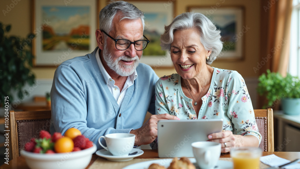 Joyful Senior Couple Using Tablet at Breakfast: Retirement Home Tech Engagement for Healthy Aging Joyful Senior Couple Using Tablet at Breakfast: Retirement Home Tech Engagement for Healthy Aging