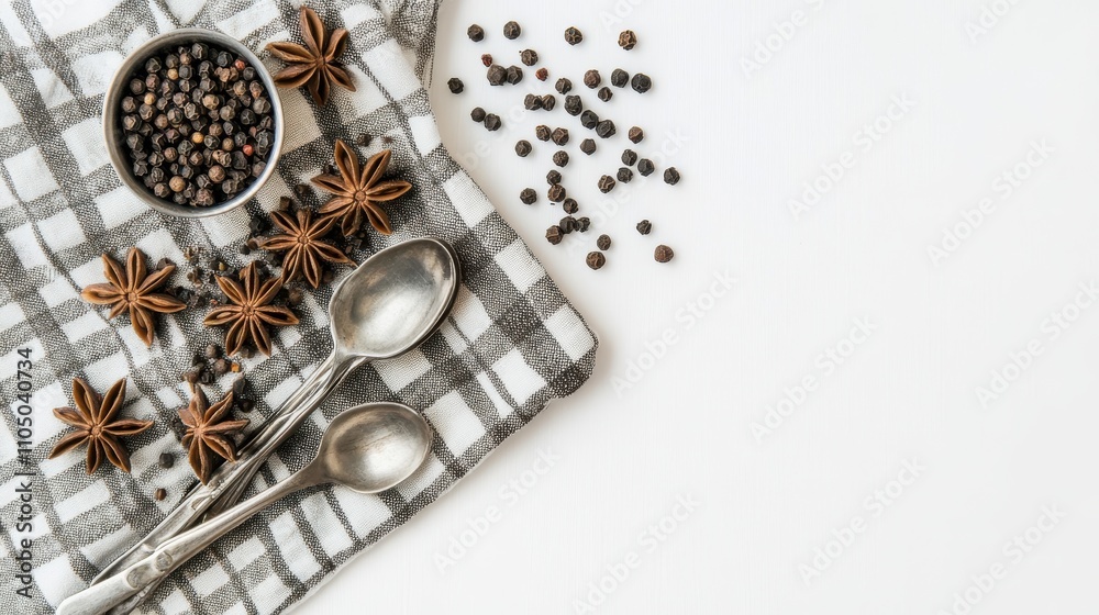 Anise and Black Peppercorns on Kitchen Cloth Anise and Black Peppercorns on Kitchen Cloth