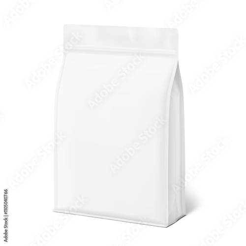 Vertical bag mockup. Flat bottom gusset bag with zipper lock. Half side view.  Vector illustration isolated on white background. Ready for use in presentation, promo, advertising and more. EPS10.