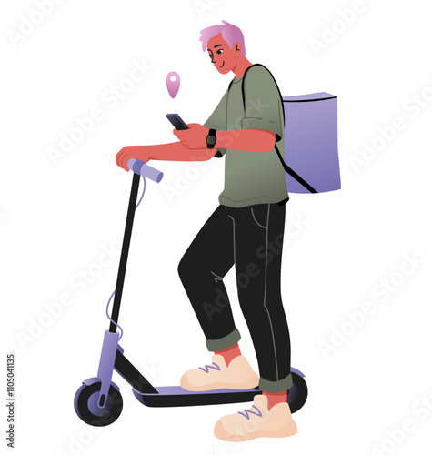 Delivery man with a phone on an electric scooter