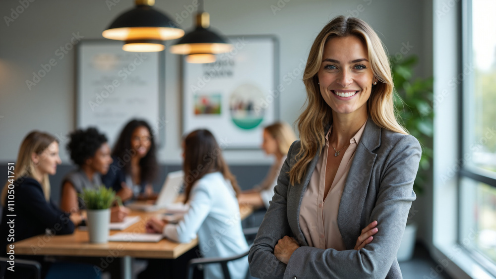 Confident Female CEO Leading Diverse Team in Modern Office: Ideal for Corporate Marketing and Leadership Training Confident Female CEO Leading Diverse Team in Modern Office: Ideal for Corporate Marketing and Leadership Training