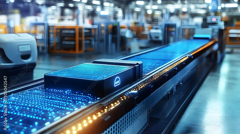 Automated Factory, Futuristic Smart Conveyor Belt System Transports Data Package Efficiently Automated Factory, Futuristic Smart Conveyor Belt System Transports Data Package Efficiently