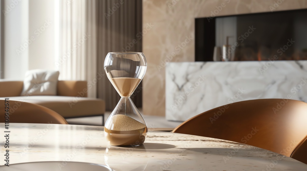 A glass hourglass sits on a table in a modern living room. A glass hourglass sits on a table in a modern living room.