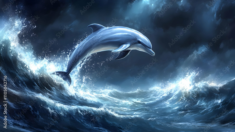 Fototapeta premium A dolphin leaps gracefully through turbulent ocean waves under a dramatic sky.