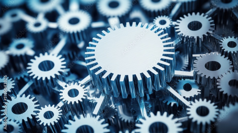 Large interconnected network of gears symbolizing corporate competition, with one oversized gear dominating the scene, representing antitrust concerns. Central gear with copy space for text. Large interconnected network of gears symbolizing corporate competition, with one oversized gear dominating the scene, representing antitrust concerns. Central gear with copy space for text.