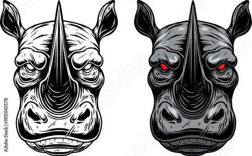 Illustration of rhino in monochrome and color styles. Design element for t shirt, emblem, badge. Vector illustration