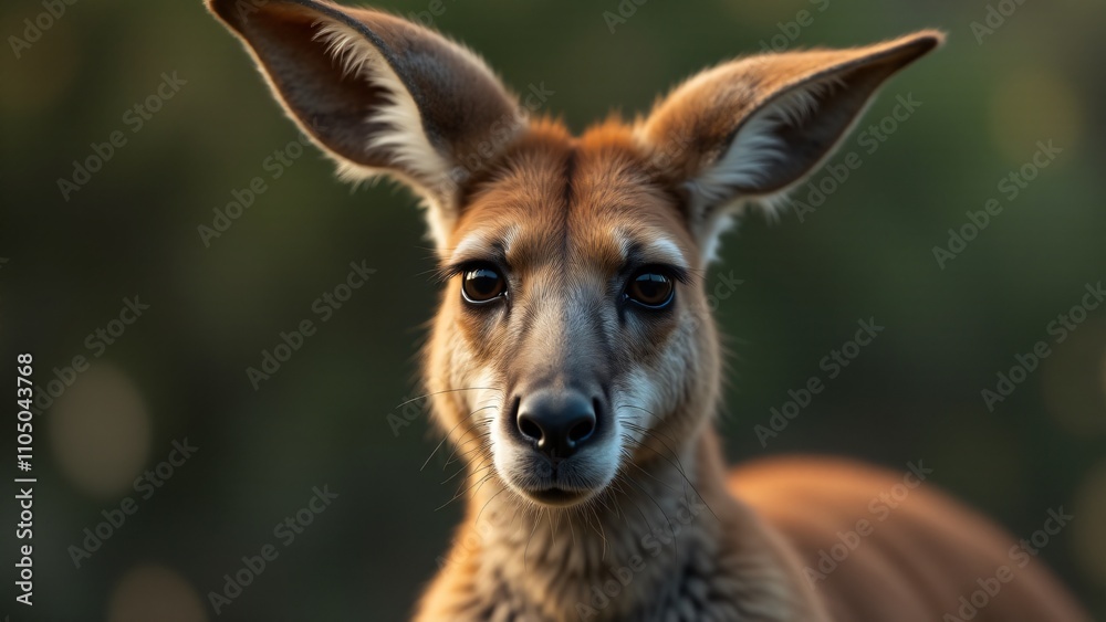 Capture a close-up of a kangaroo, highlighting its expressive eyes, long ears, and muscular build. Focus on its rugged yet serene presence, with soft lighting emphasizing its strength. Capture a close-up of a kangaroo, highlighting its expressive eyes, long ears, and muscular build. Focus on its rugged yet serene presence, with soft lighting emphasizing its strength.