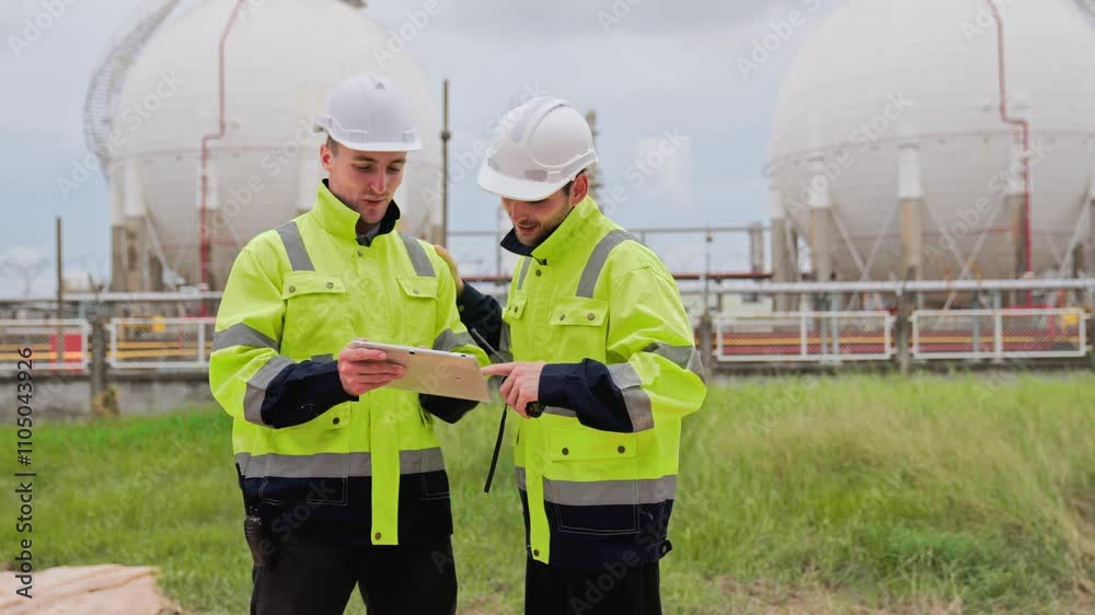 Two engineer working Industry in oil refinery equipment Check and check the condition of the machinery system , Engineering concept. Two engineer working Industry in oil refinery equipment Check and check the condition of the machinery system , Engineering concept.