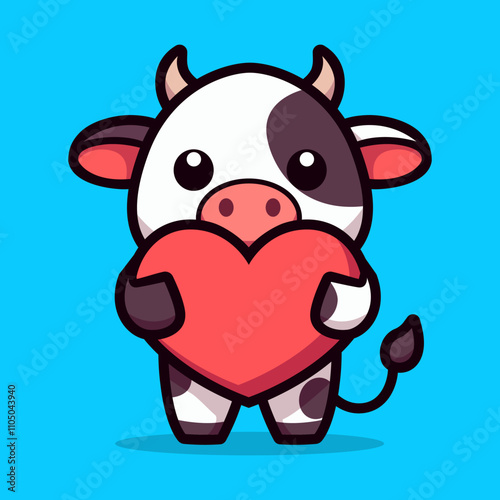 cute cow hugging heart cartoon character flat color vector illustration template design