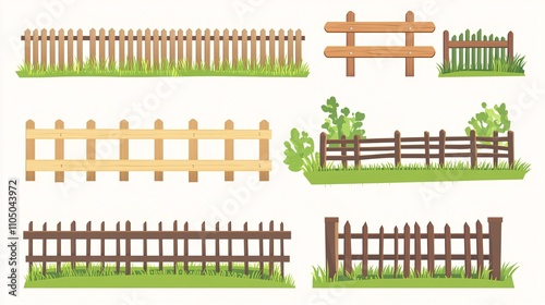 99.A variety of cartoon wooden fences in different styles, from tall slatted privacy fences to shorter decorative garden fences. The flat vector illustrations offer charming, simplified