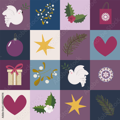 Peaceful christmas pattern. Vector endless geometric pattern in violet and blue pallete. For holiday gift card, wrapping paper, scrapbook paper, home textile, background.