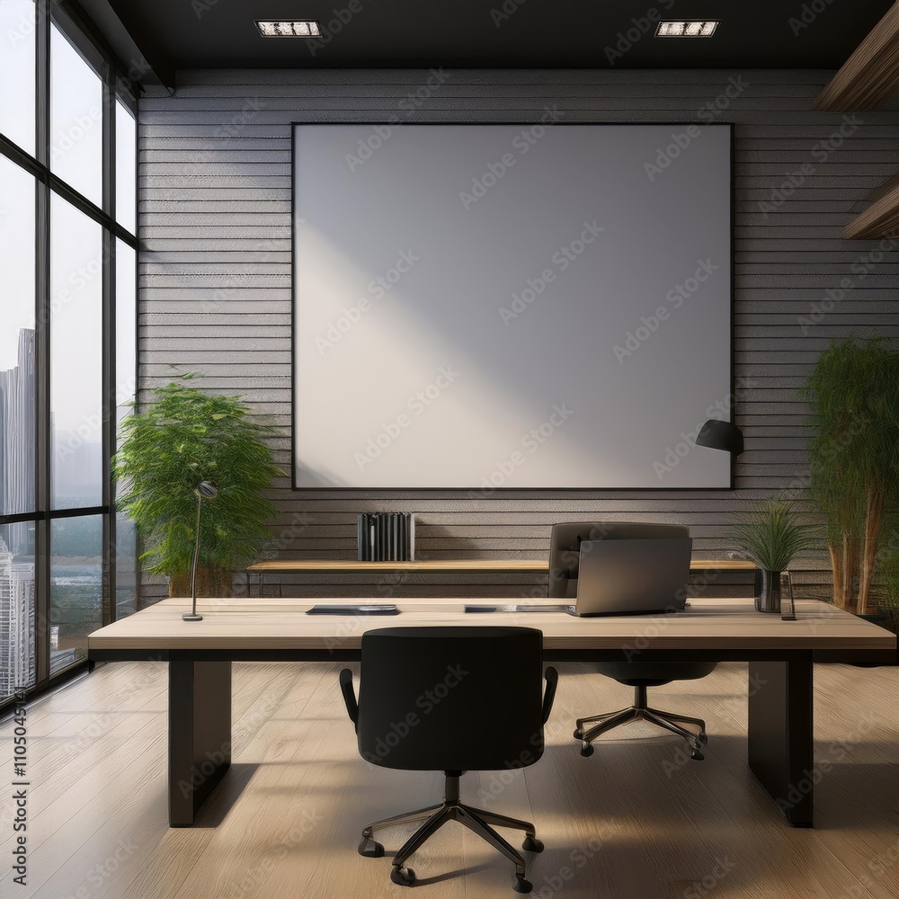 Fototapeta premium Interior of modern office with wooden walls, wooden floor, rows of computer tables with black chairs and horizontal mock up poster. 3d rendering