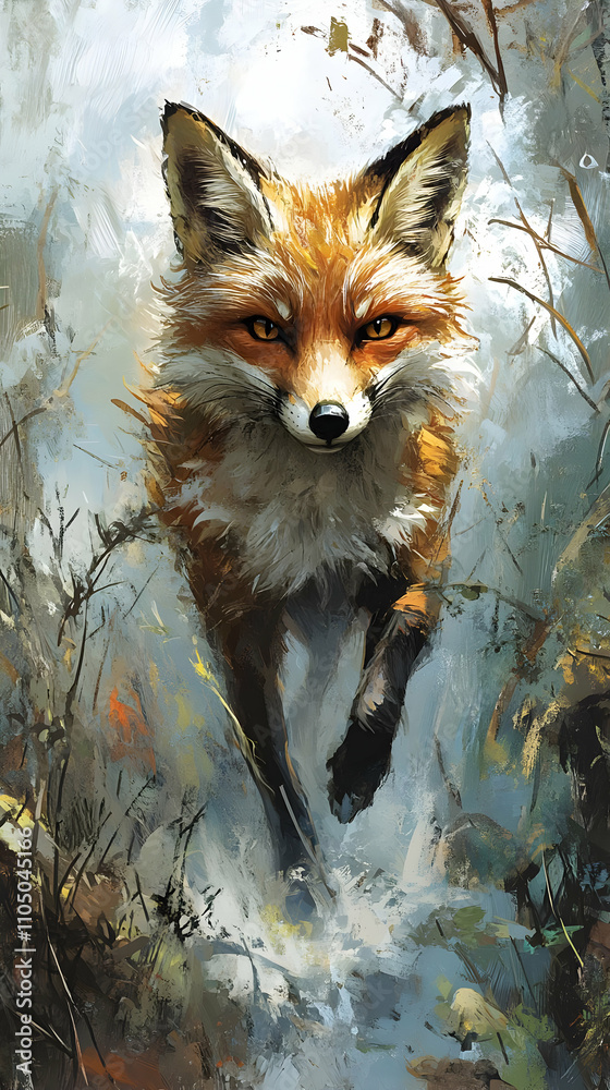 Fototapeta premium A vibrant fox leaps through a misty forest, showcasing its agility and beauty.