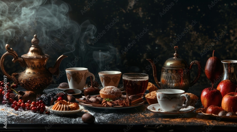 Fototapeta premium Turkish coffee, tea and traditional food on dark background, AI generated image