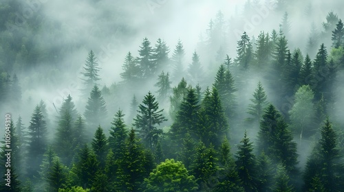 Misty Mountain Forest Of Evergreen Trees