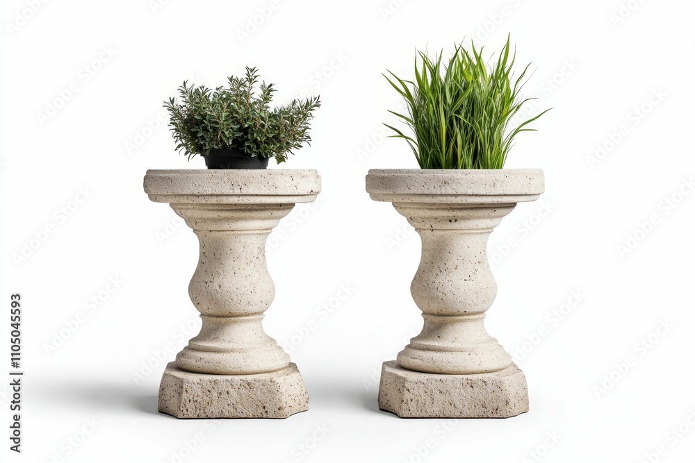 Two stone plant stands, each holding greenery. Two stone plant stands, each holding greenery.