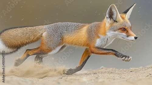 A Red Fox Runs Across Sandy Ground In The Rain photo