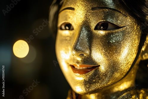 Japanese woman, immortalized as a gold statue, exudes artistry through her detailed features and poised form, while the radiant golden finish evokes elegance and cultural heritage. photo