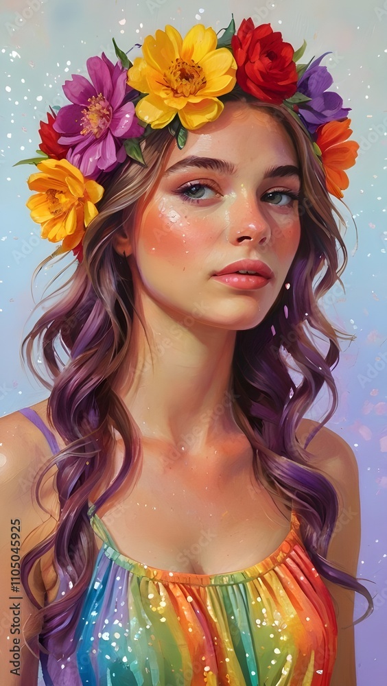 Naklejka premium A young woman with flowing purple hair wears a vibrant flower crown featuring yellow, red, and purple blooms. Her dress is a rainbow of colors, complementing the soft, dreamy background.