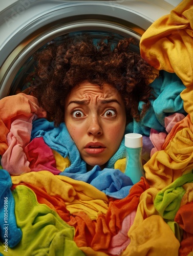 Housework and daily activities concept. Emotional woman with curly hair sticks head in heap of multicolored laundry with bottle of liquid powder busy doing washing poses from inside of washng machine photo