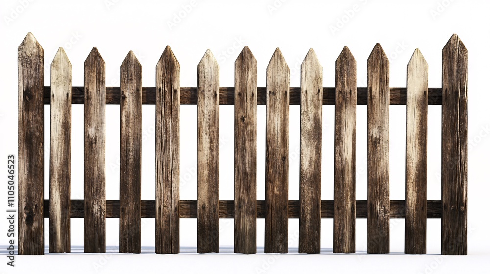34.A wooden picket fence with slightly weathered slats, set against a stark white background, with natural wood grain and imperfections visible, capturing the character of a classic and functional 34.A wooden picket fence with slightly weathered slats, set against a stark white background, with natural wood grain and imperfections visible, capturing the character of a classic and functional