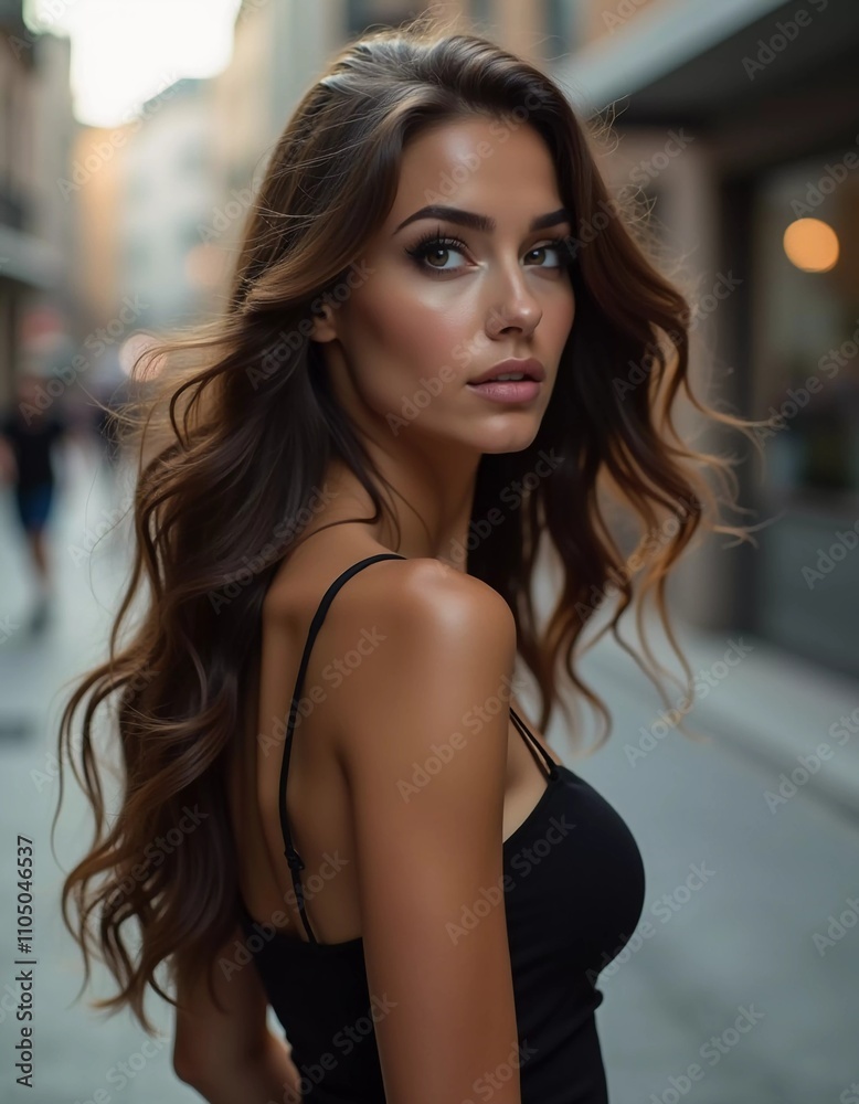 A brunette sexy woman with long hair strolls along a lively city street. Her confident demeanor blends well with the vibrant urban atmosphere, highlighting her fashionable look. Generative AI. A brunette sexy woman with long hair strolls along a lively city street. Her confident demeanor blends well with the vibrant urban atmosphere, highlighting her fashionable look. Generative AI.