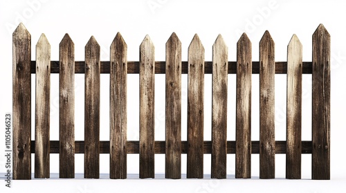 34.A wooden picket fence with slightly weathered slats, set against a stark white background, with natural wood grain and imperfections visible, capturing the character of a classic and functional