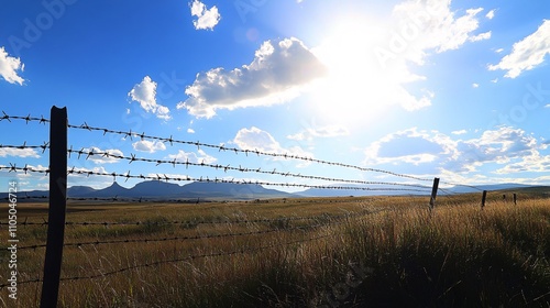 56.A barbed wire fence stretching across the frame, silhouetted against a bright blue sky dotted with fluffy white clouds, the sharp metal points glinting in the sunlight as the fence extends into photo